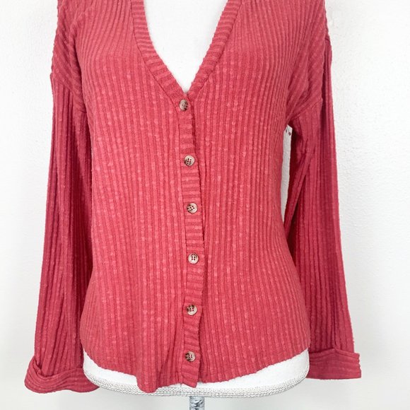 Code x Mode Sweater Women Small Red Ribbed Knit Cardigan Bell Sleeve Button Up - Picture 2 of 8